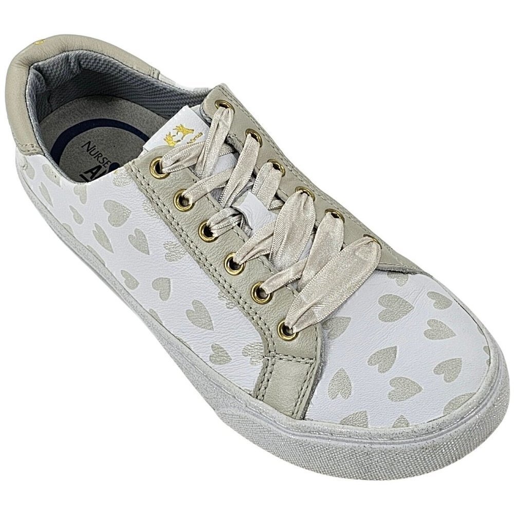 NURSE MATES ALIGN Hope Breast Cancer Awareness White Silver Leather Sneakers 8M
